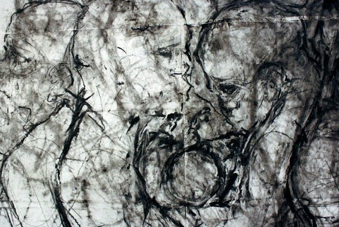 a line drawing in black and white shows the impression of two people, one kissing the other, who appears to be a baby. This is "the Birth of Junio" by Maurice Moore.
