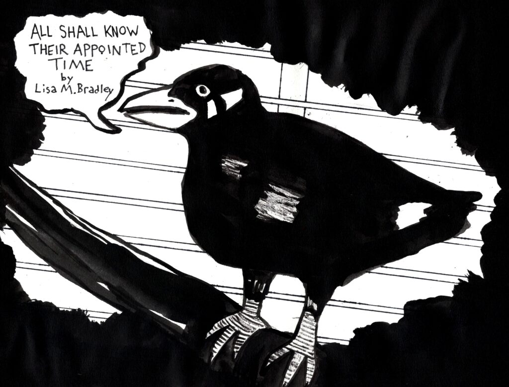 A black and white image that shows a bird, resting on a branch, surrounded by darkness. The text reads: "All Shall Know Their Appointed Time" by Lisa M. Bradley, art by Sara Century