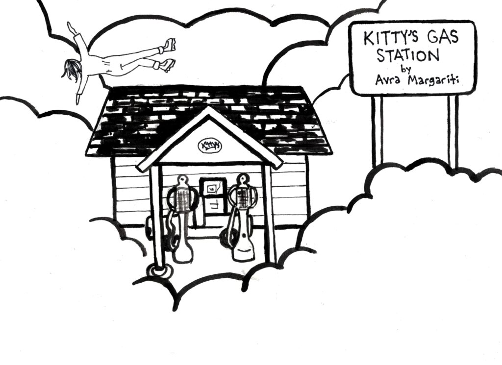 A black and white drawing shows a person floating and falling in the sky above a gas station in the clouds. The text reads: "Kitty's Gas Station" by Avra Margariti, art by Sara Century