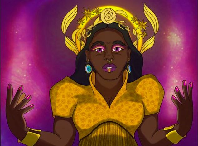 the very top of an image showing a Black femme is shown standing with power sparking off their hands. They are wearing a gold dress and headdress. The headdress is made of stars and roses and glows. The image evokes power and fluidity and freedom and is called "Transcendent Luminous Flux". Created by Craig Hale, this is the cover art for Decoded Pride Issue #3